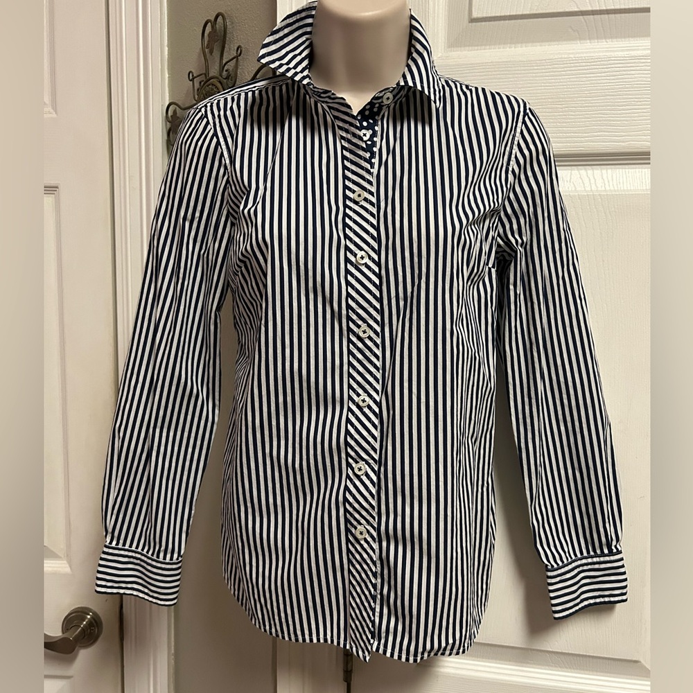 Talbots Office Button Down Petite Small Navy & Wh… - image 1